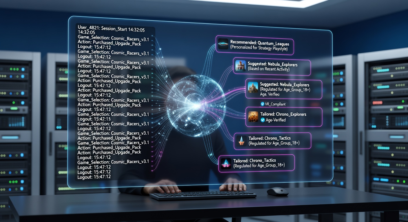 Data visualization showing user activity logs flowing into recommendation engines within a secure virtual gaming platform interface