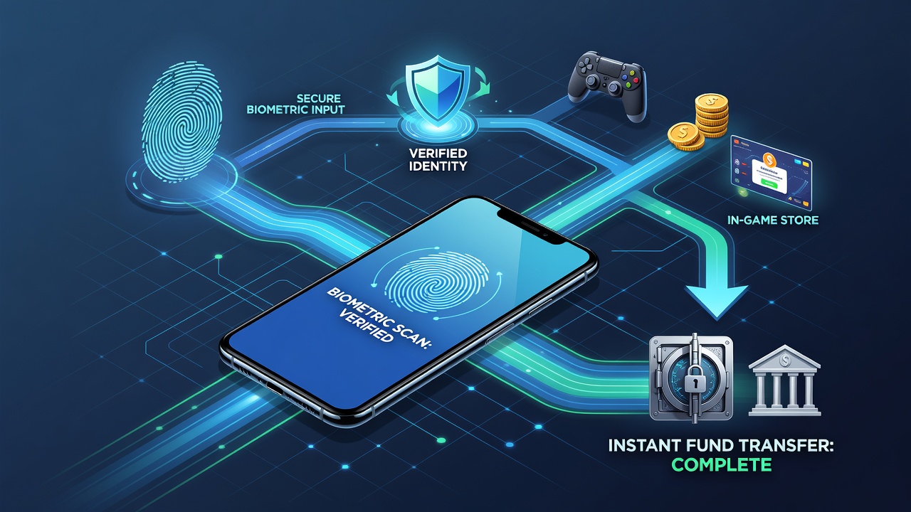 Secure mobile gaming session illustrating biometric confirmation during a fund transfer process