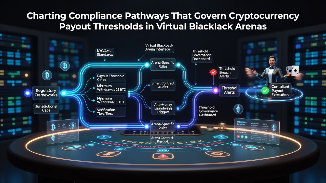 Illustration showing compliance pathways and cryptocurrency payout thresholds in virtual blackjack platforms