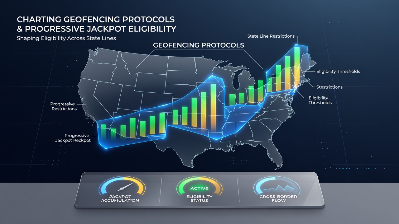 Digital map illustrating geofencing boundaries across multiple U.S. states for online gaming access