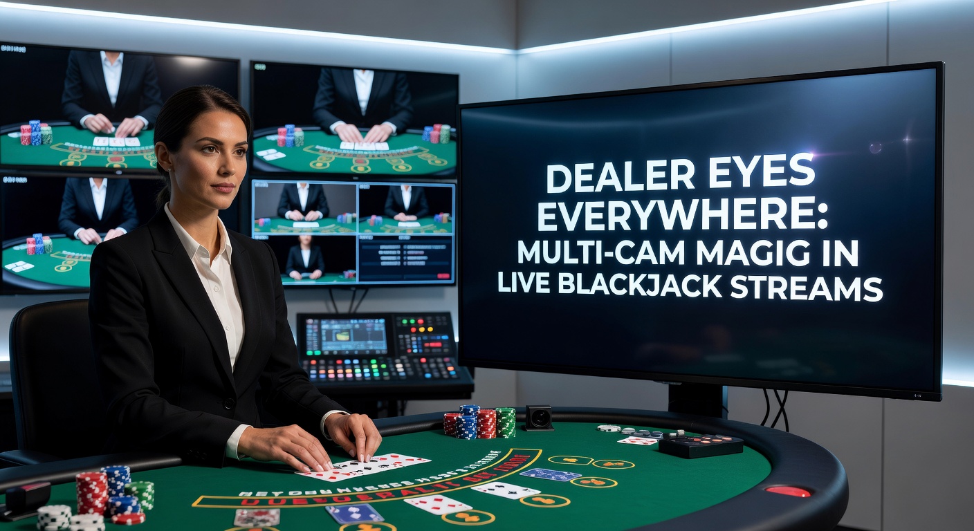 Live blackjack dealer captured from multiple camera angles, showing close-up table view and wide-angle shot of the action