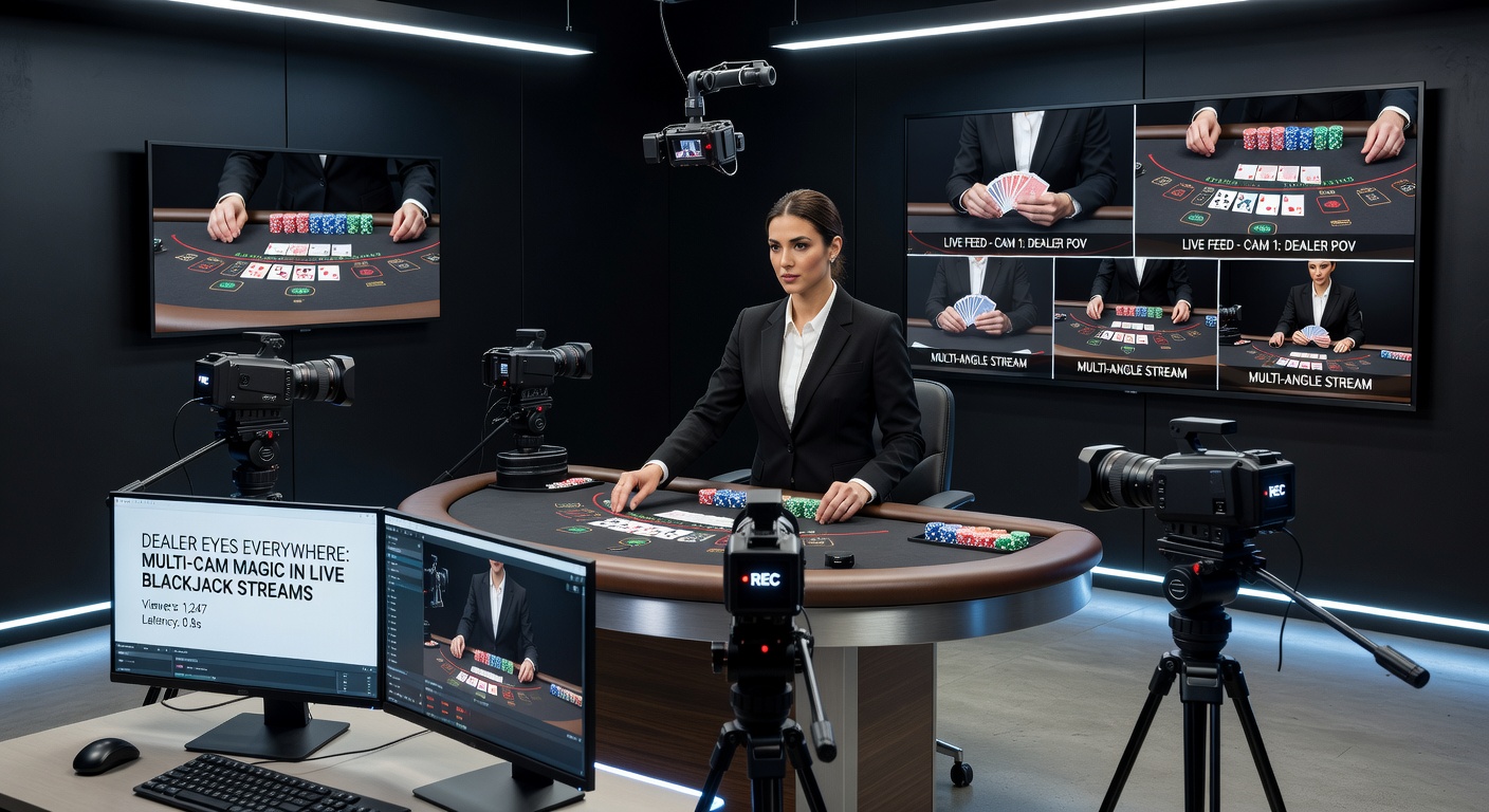 Multi-camera studio setup for live blackjack, featuring overhead rig, side angles, and dealer at illuminated table