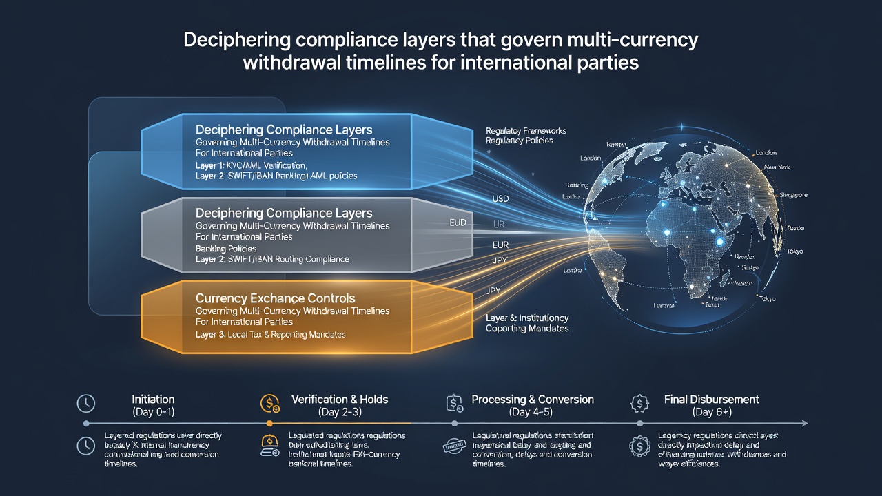 Diagram showing multi-step verification process for international casino withdrawals across different currencies