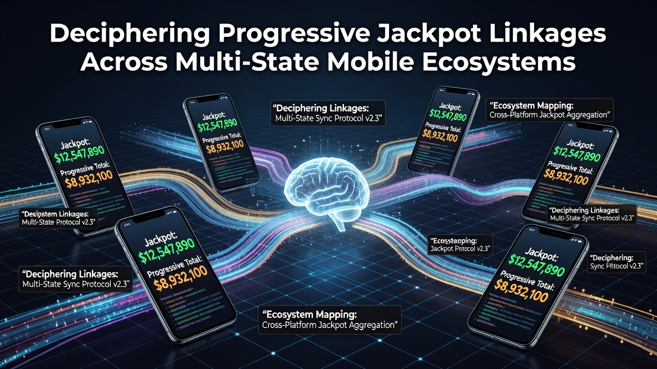 Network diagram illustrating progressive jackpot connections between mobile devices operating across multiple U.S. states