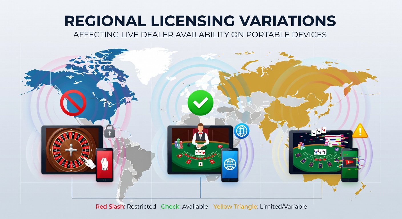 Map illustrating regional licensing variations for live dealer availability on portable devices across global markets