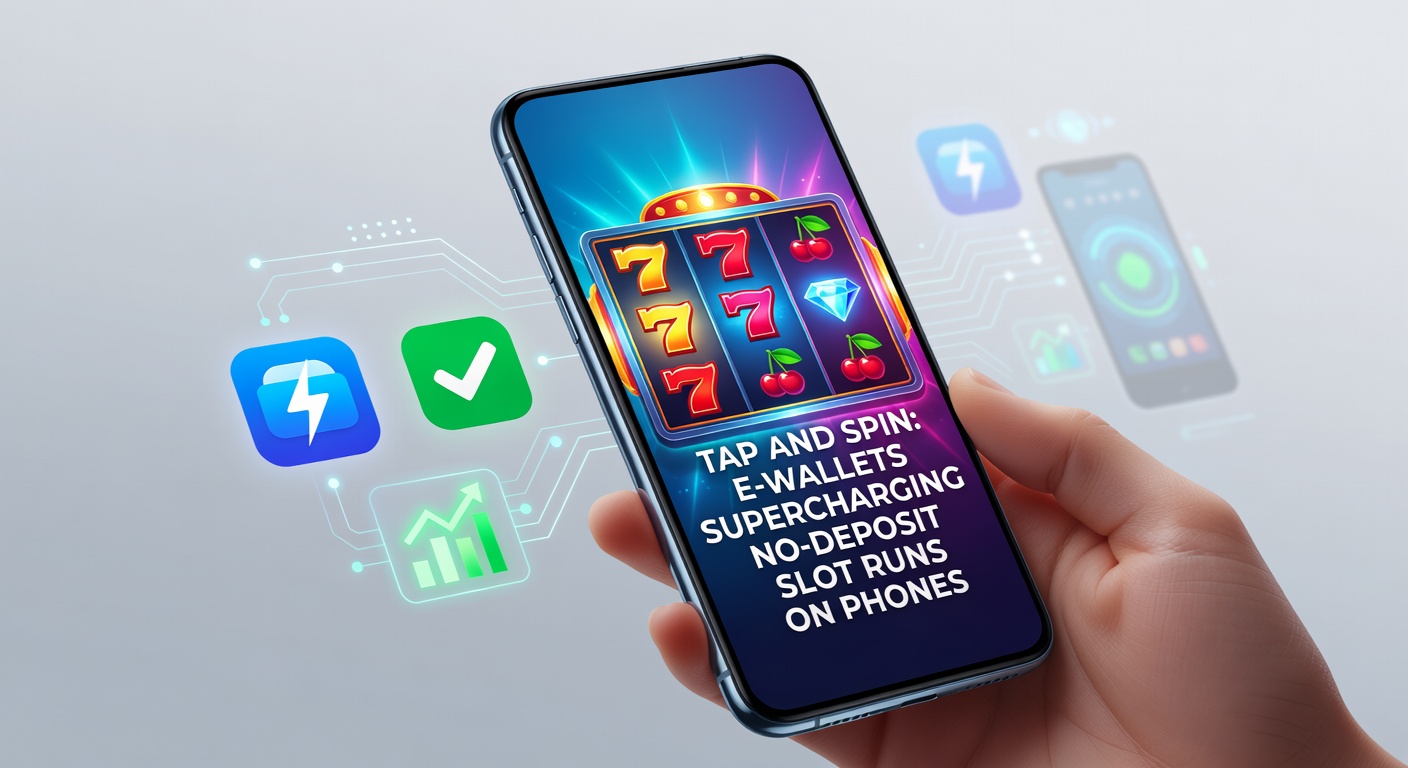 Close-up of fingers tapping an e-wallet app on a phone, transitioning to colorful slot reels spinning with no-deposit bonus notifications popping up