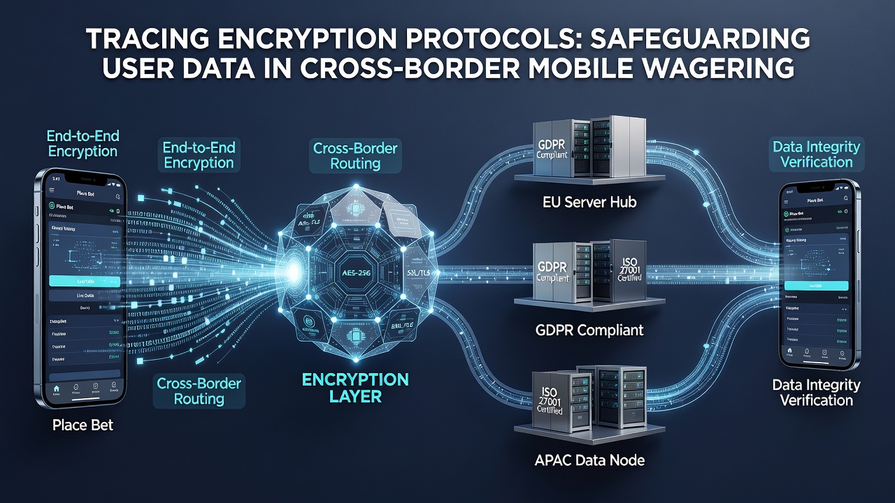 Diagram showing secure data flow between mobile devices and international wagering servers