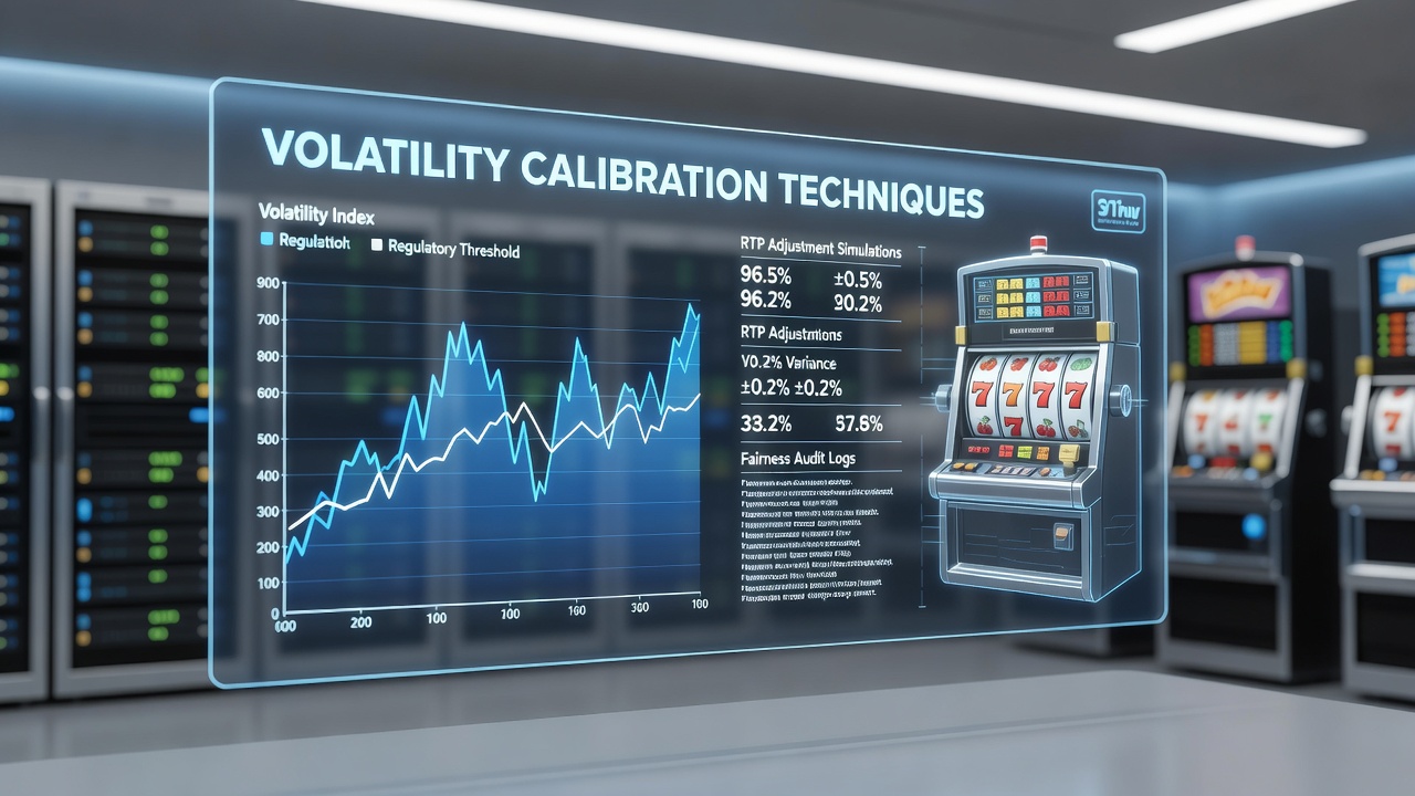 Technical interface displaying volatility calibration settings for digital slot games in a regulated library environment