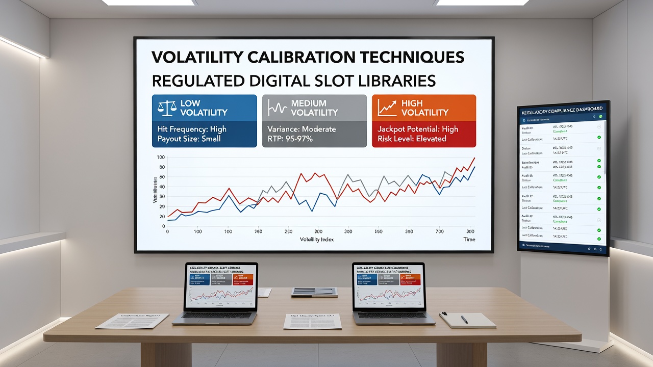 Analytics dashboard showing volatility distribution curves and calibration adjustments for multiple slot titles