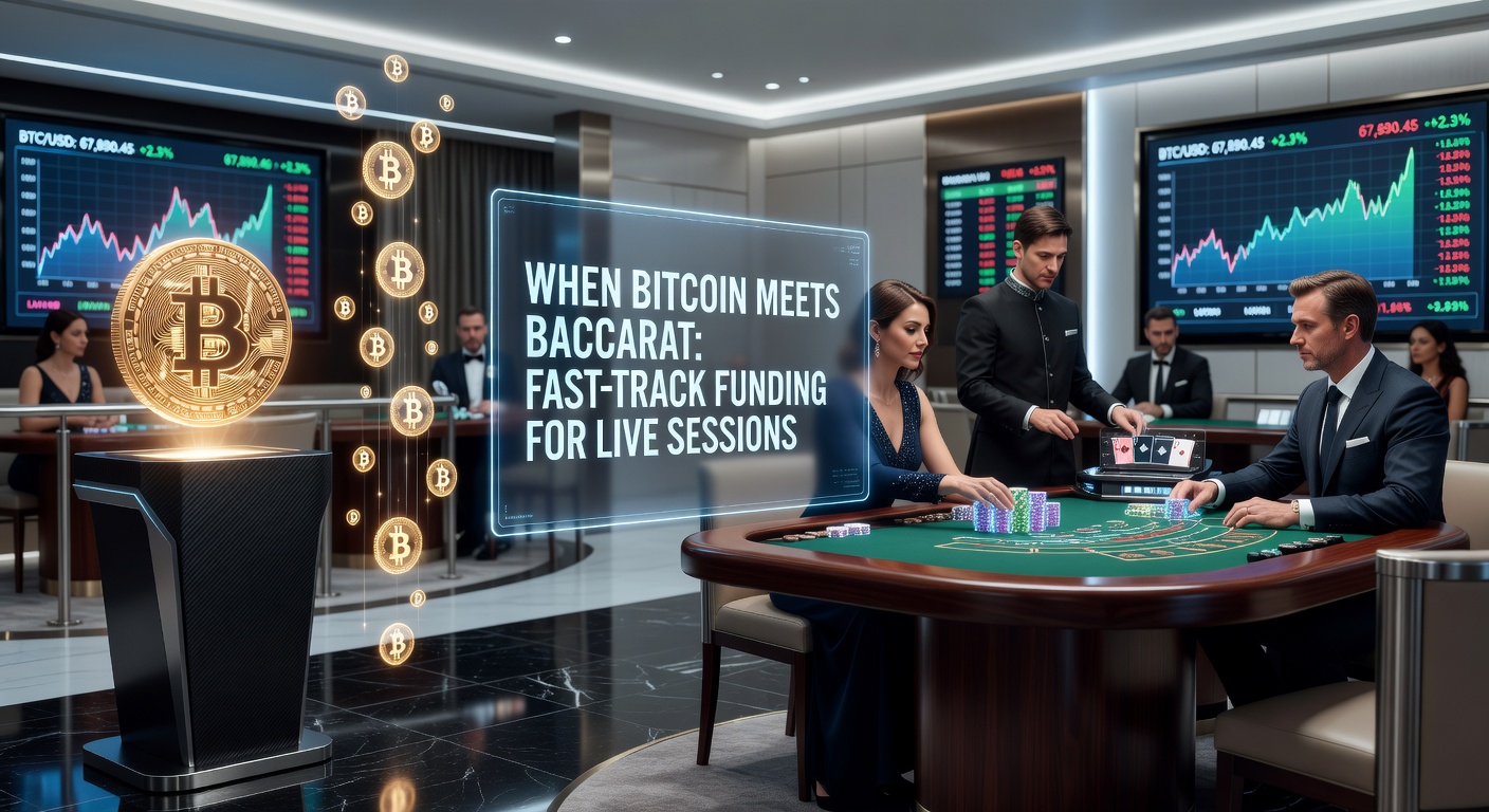 Dynamic live baccarat table illuminated by glowing Bitcoin symbols, representing seamless crypto integration in high-stakes play