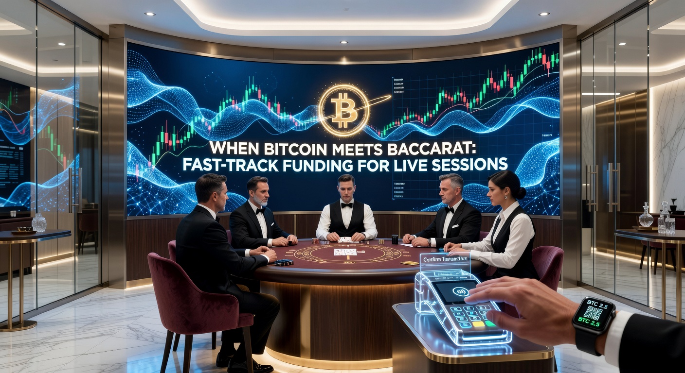 Bitcoin wallet interface connected to a live baccarat stream, showing rapid deposit confirmation and active betting chips
